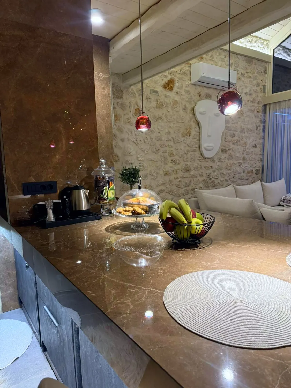 White Stone Villa marble counter with welcome treats